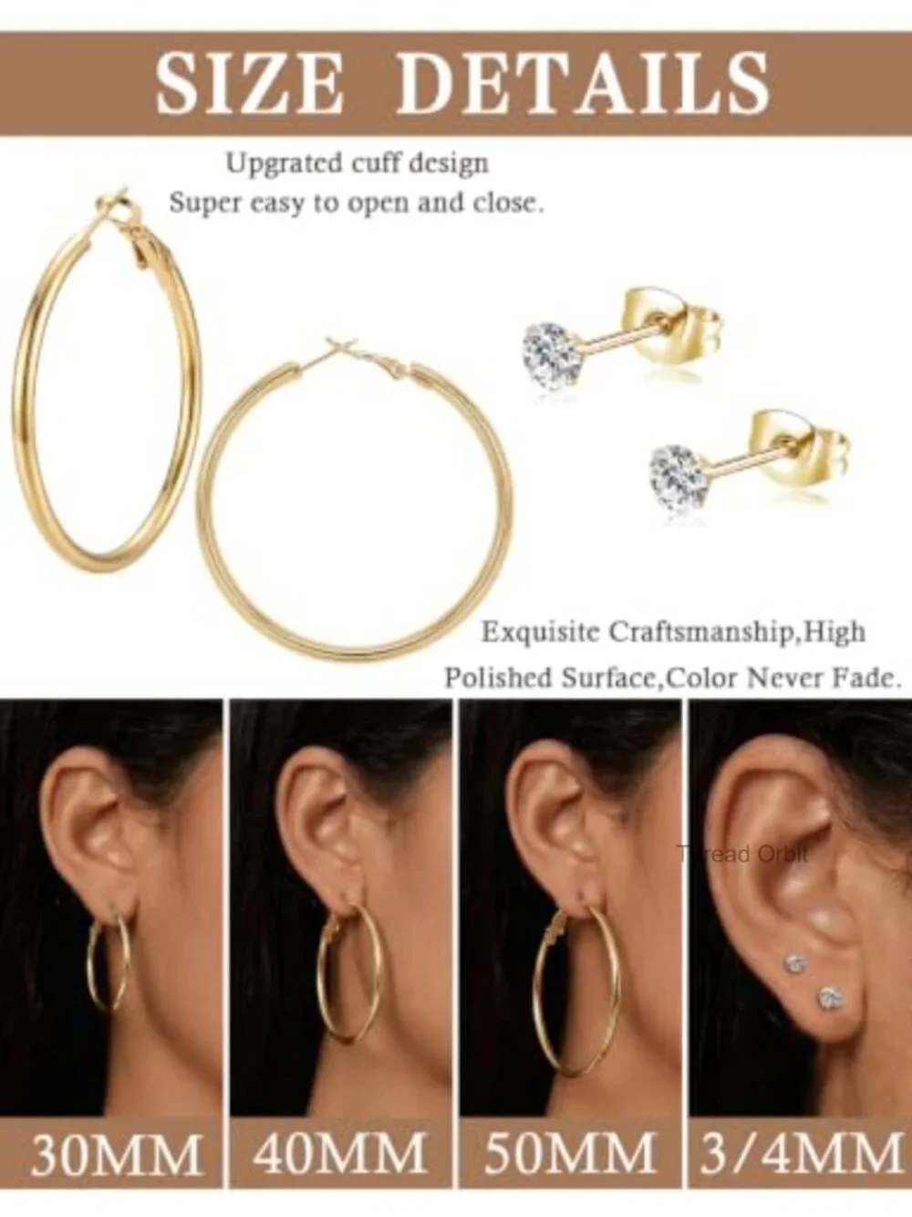 5 Pairs Gold Stud Hoop Earrings Set Hypoallergenic 14K Gold Plated for